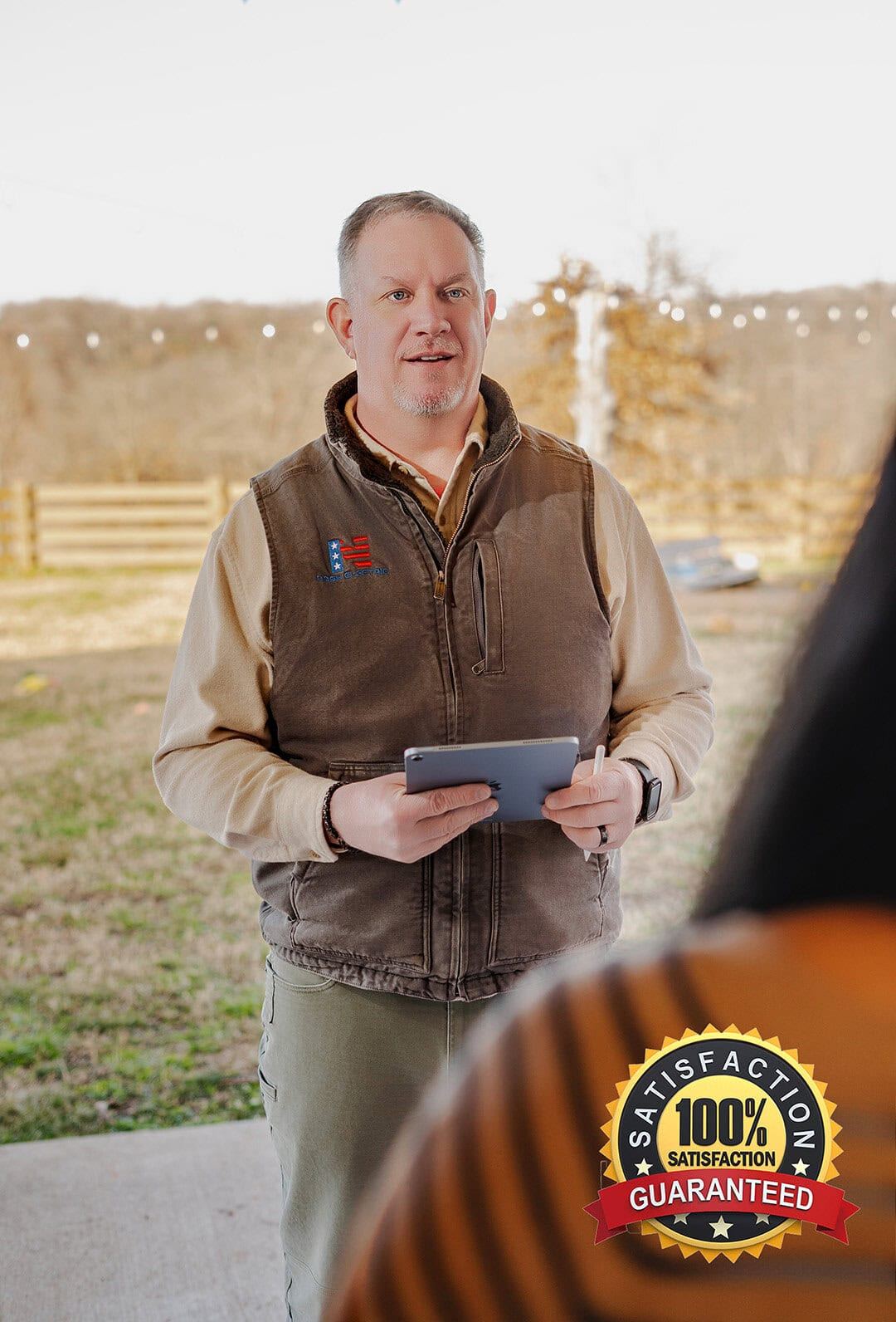 A Nash Electric lead electrician in a tan branded work-vest holding a tablet on a recent residential job in Northwest Arkansas